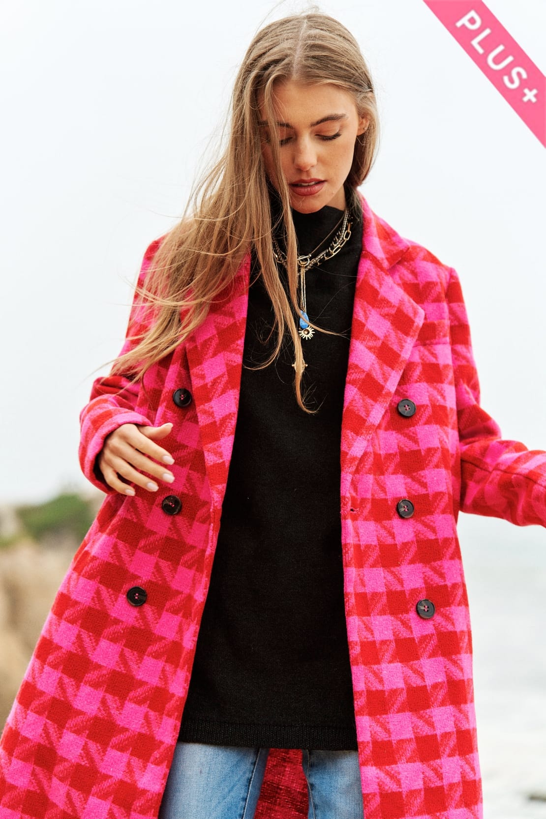 Beautiful Plus Size Pink and Red Plaid Coat